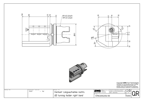 EWS | 1.KM63XMZ20IG200L100 - KM63XMZ, OD turning holder right hand, Square  20 mm, for Mazak Integrex 200, 300 + 400,